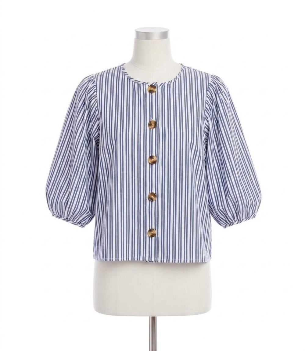 NEW KAREN KANE stripe puff sleeve button front top in blue with off white